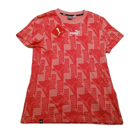 Puma‎ Power AOP T-Shirt Womens Medium Salmon Pink Red Crew Neck Short Sleeve - Picture 1 of 8
